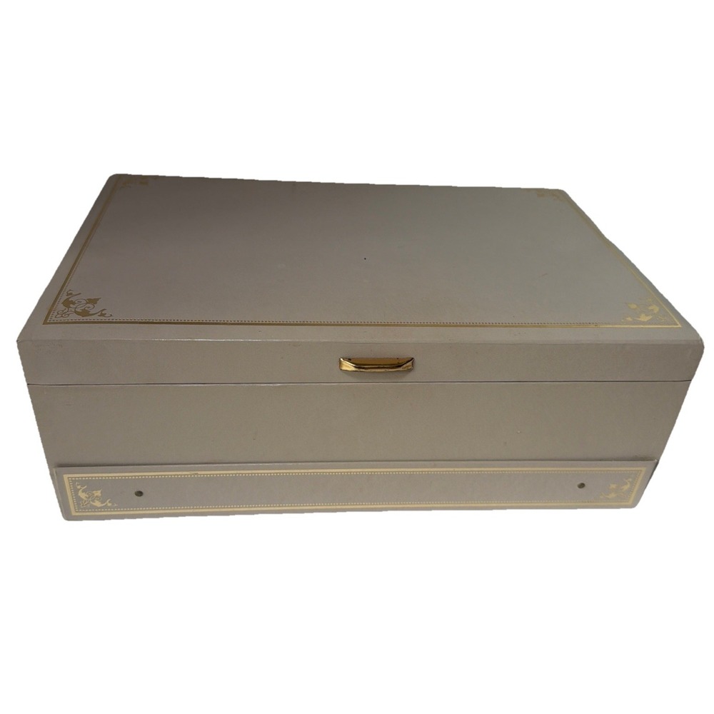 Vintage Mele 3-tier Jewelry Box Gold Trim/Cream With Taupe Interior